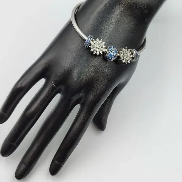 Pandora Sterling 925 Pattern Of Love Bangel Bracelet 5 Charms Clear & Blue CZ